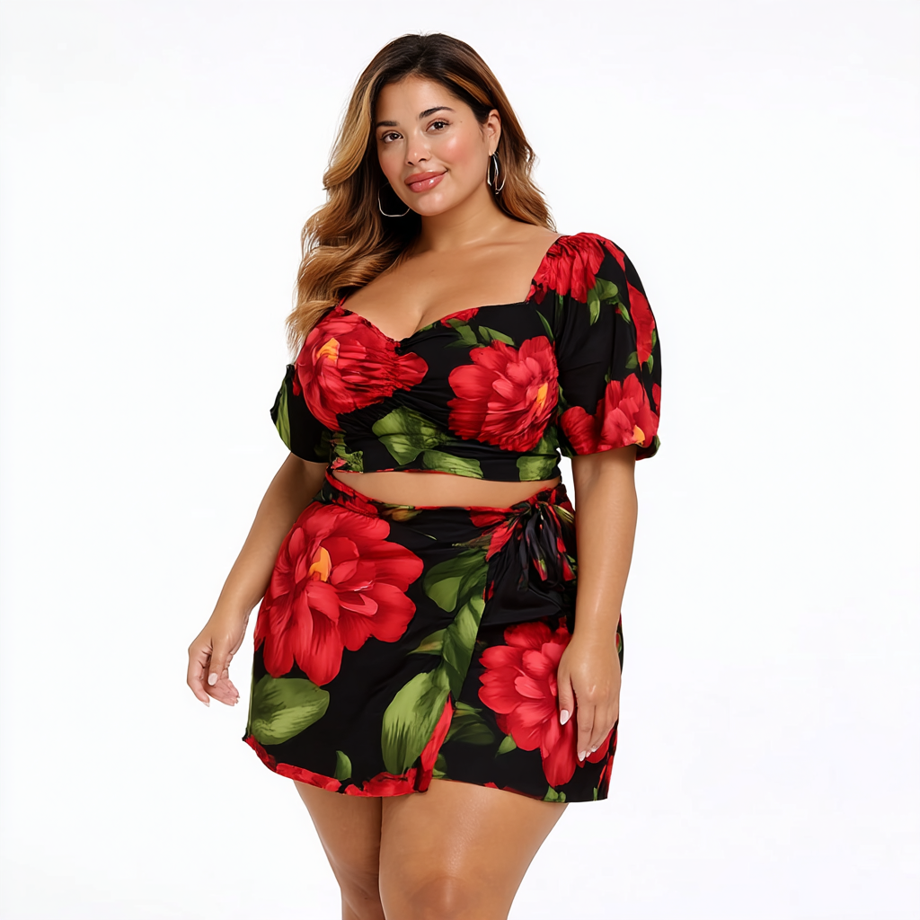 CONJUNTO ESTAMPADO CROPPED E SHORT SAIA COM AMARRAÇÃO | MANUELLITA
