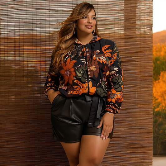 JAQUETA ESTAMPADA FLORAL MANGA LONGA COM CAPUZ | MANUELLITA