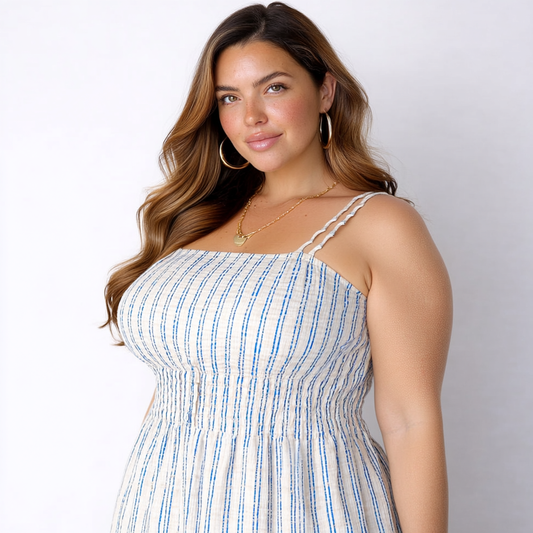 VESTIDO MIDI LISTRADO COM ALÇAS FINAS | MANUELLITA