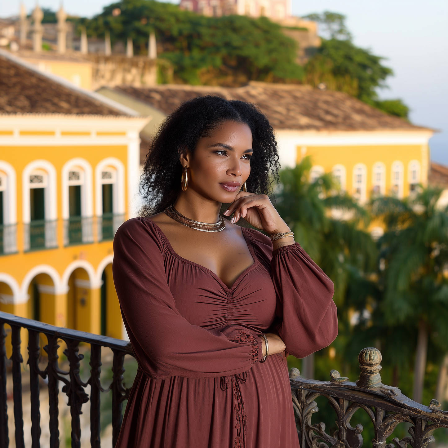 VESTIDO LONGO MARROM COM DECOTE FRANZIDO | MANUELLITA