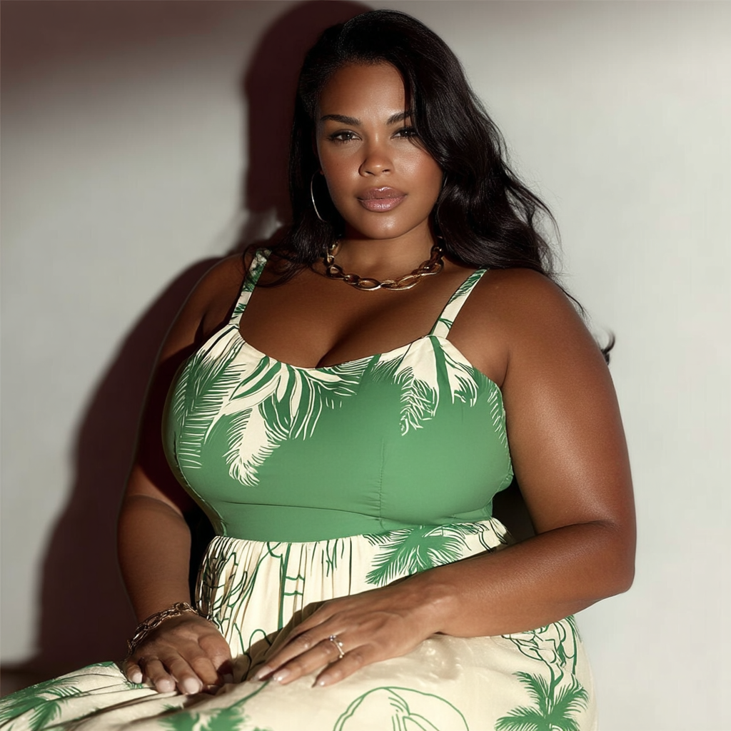 VESTIDO MIDI ESTAMPADO VERDE COM DECOTE E ALÇAS | MANUELLITA