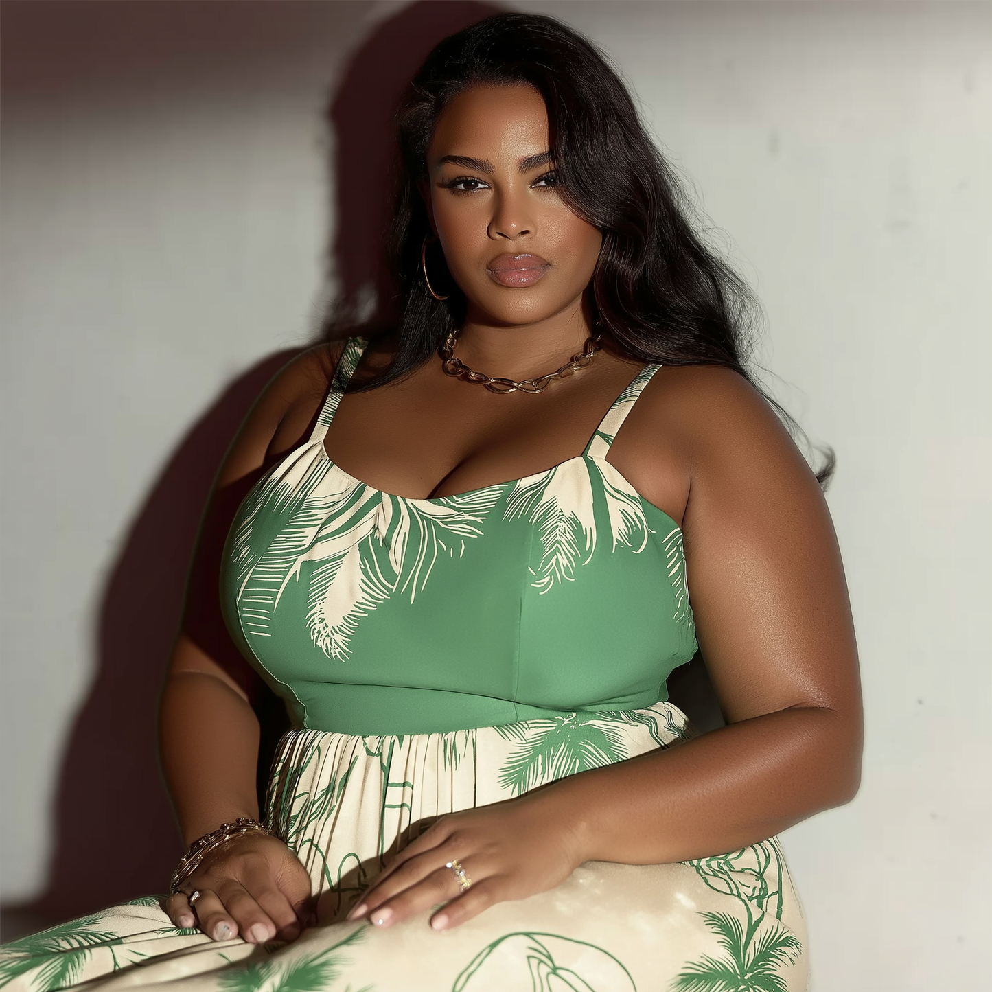VESTIDO MIDI ESTAMPADO VERDE COM DECOTE E ALÇAS | MANUELLITA