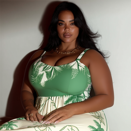 VESTIDO MIDI ESTAMPADO VERDE COM DECOTE E ALÇAS | MANUELLITA