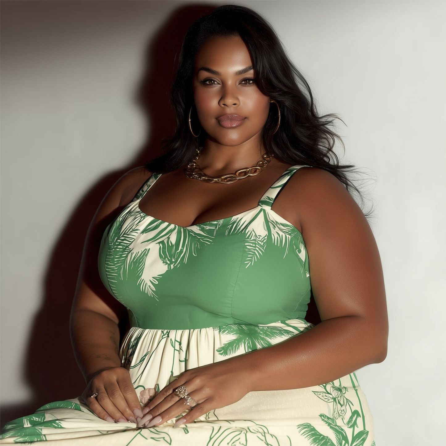 VESTIDO MIDI ESTAMPADO VERDE COM DECOTE E ALÇAS | MANUELLITA