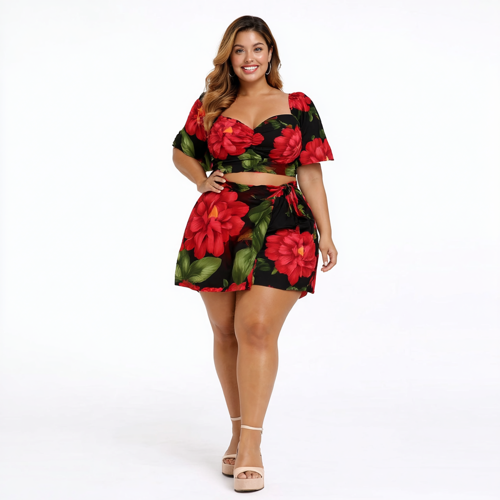 CONJUNTO ESTAMPADO CROPPED E SHORT SAIA COM AMARRAÇÃO | MANUELLITA