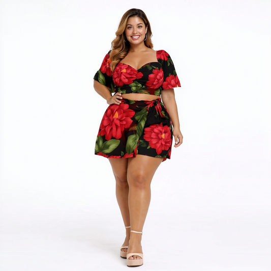 CONJUNTO ESTAMPADO CROPPED E SHORT SAIA COM AMARRAÇÃO | MANUELLITA