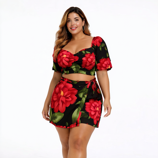 CONJUNTO ESTAMPADO CROPPED E SHORT SAIA COM AMARRAÇÃO | MANUELLITA
