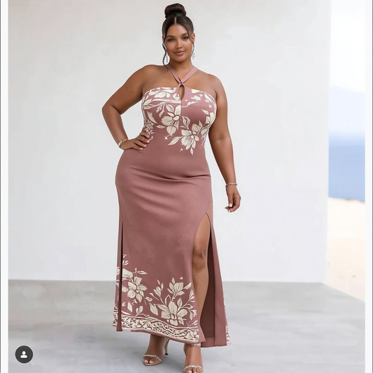 VESTIDO LONGO ESTAMPADO COM FENDA LATERAL | MANUELLITA