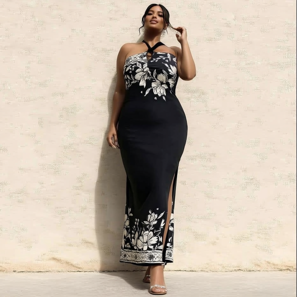 VESTIDO LONGO ESTAMPADO COM FENDA LATERAL | MANUELLITA
