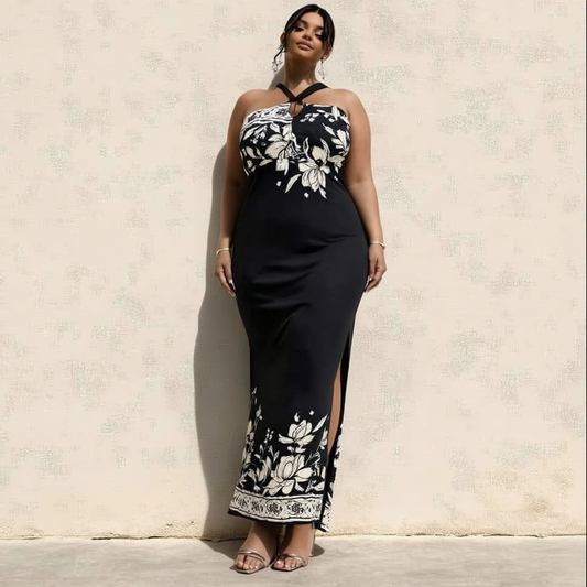 VESTIDO LONGO ESTAMPADO COM FENDA LATERAL | MANUELLITA