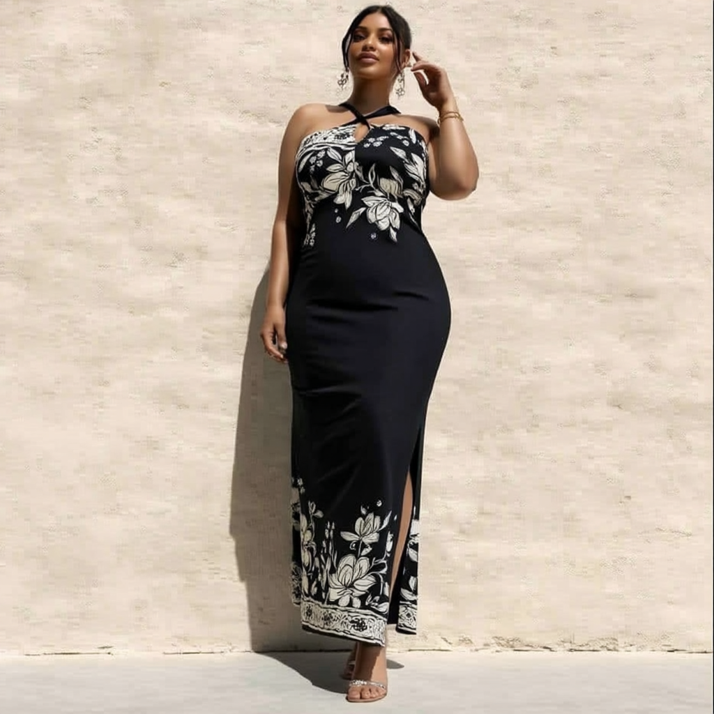 VESTIDO LONGO ESTAMPADO COM FENDA LATERAL | MANUELLITA
